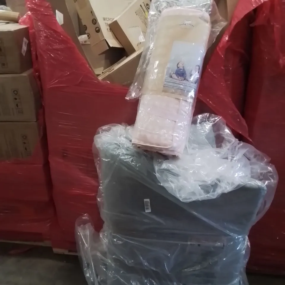 PALLET CONTAINING VARIOUS ASSORTED BOXED HOUSEHOLD ITEMS TO INCLUDE: BABY PLAYMAT, LARGE THROW, OFFICE CHAIR, TOILET SEAT,  MICROWAVE TUBS AND LOTS MORE UNMARKED BOXED ITEMS 