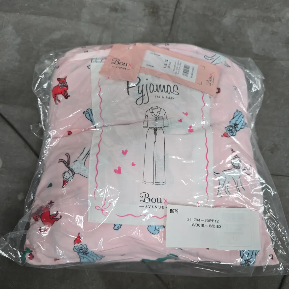 BAGGED BOUX AVENUE POWDER PINK MULTICLOLOURED DOG PJ IN A BAG - UK 12