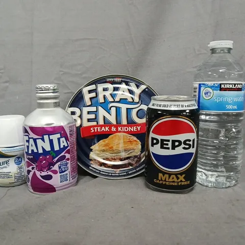 APPROXIMATELY 10 ASSORTED FOOD AND DRINK ITEMS TO INCLUDE PEPSI, FRAY BENTOS, FANTA, ETC