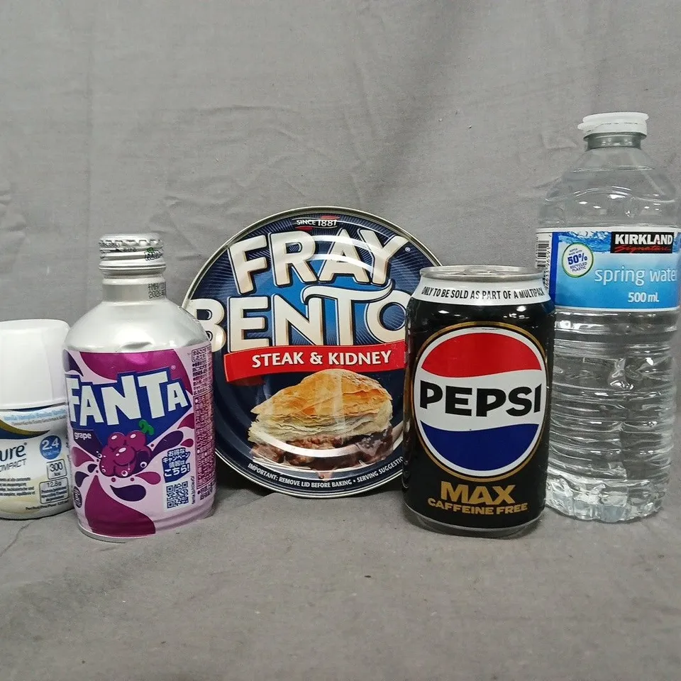 APPROXIMATELY 10 ASSORTED FOOD AND DRINK ITEMS TO INCLUDE PEPSI, FRAY BENTOS, FANTA, ETC