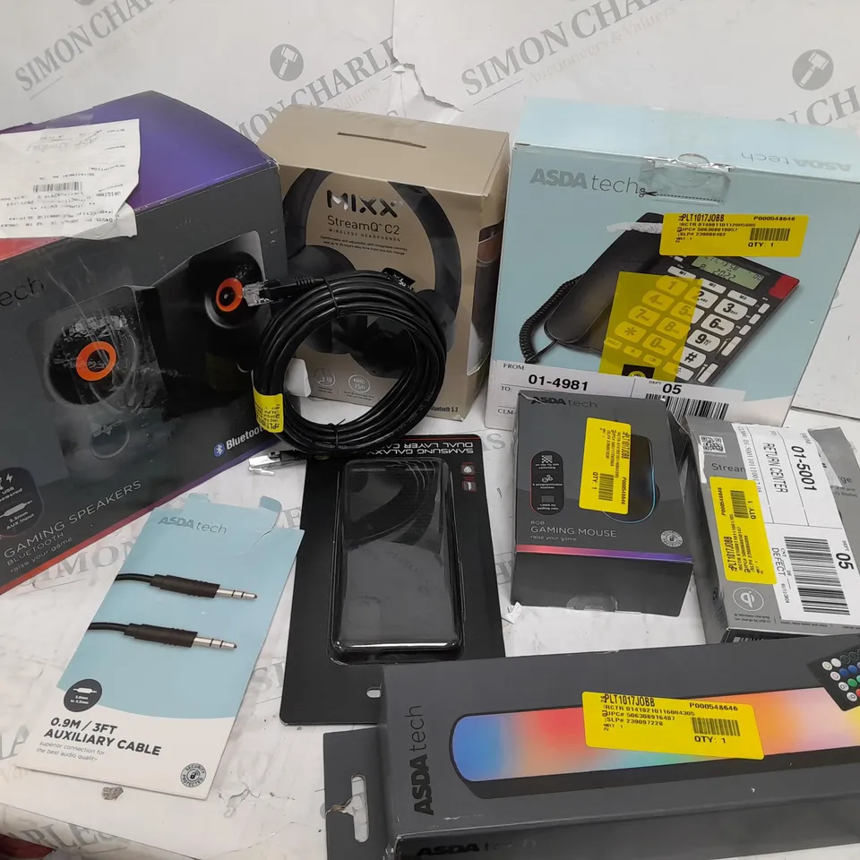  APPROXIMATELY 15 ASSORTED ASDA TECH ITEMS INCLUDING GAMING SPEAKERS, MIXX STREAMQ C2 WIRELESS HEADPHONES