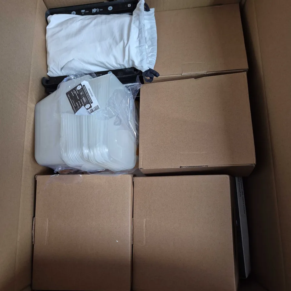 BOX OF APPROXIMATELY 15 ASSORTED ITEMS INCLUDING MAMIA NEW BABY NAPPIES, A DYSON FILTER AND MICROWAVE FOOD CONTAINERS 