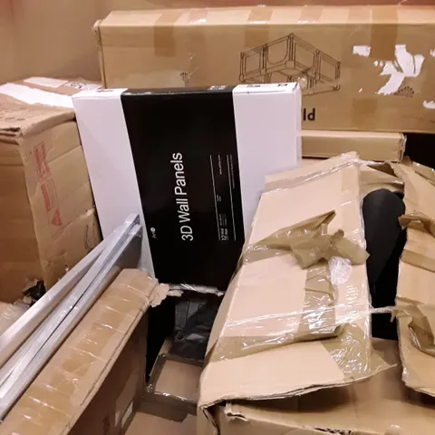 PALLET OF ASSORTED HOUSEHOLD ITEMS TO INCLUDE BOXED SET OF 4 CHAIRS, OFFICE CHAIRS, 3D WALL PANELS AND PLAYPEN