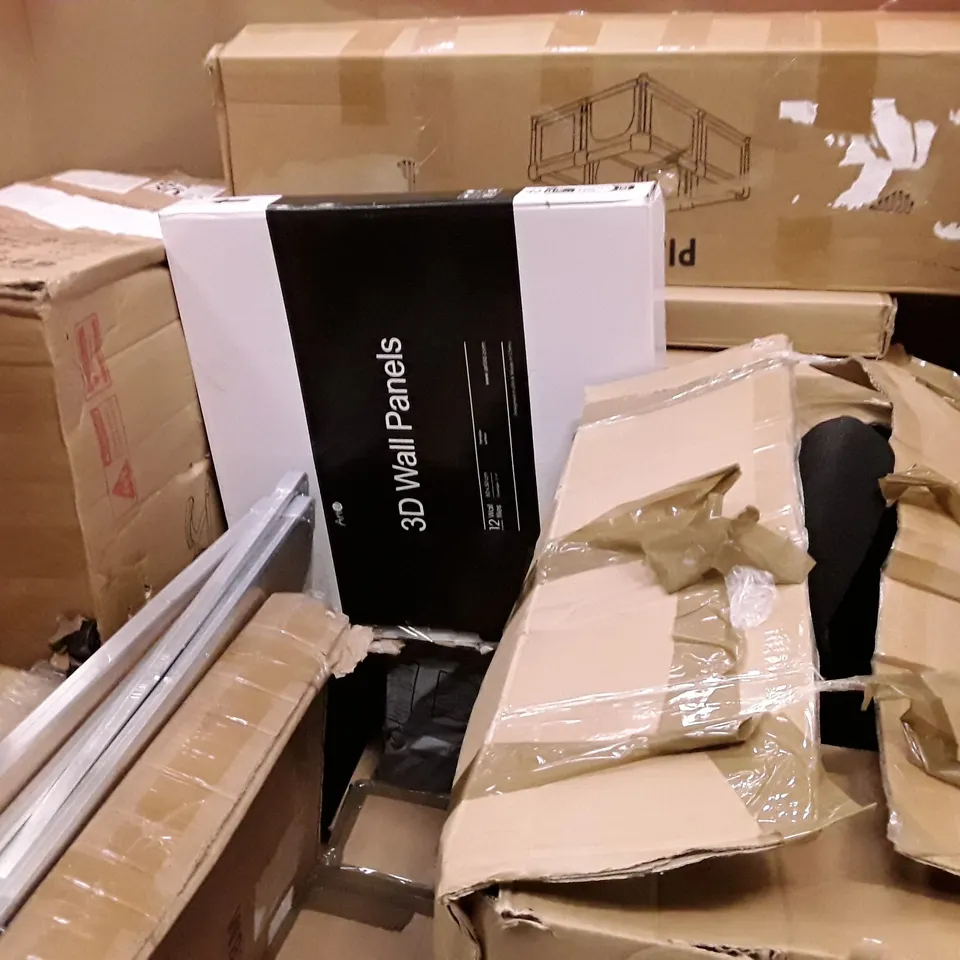 PALLET OF ASSORTED HOUSEHOLD ITEMS TO INCLUDE BOXED SET OF 4 CHAIRS, OFFICE CHAIRS, 3D WALL PANELS AND PLAYPEN