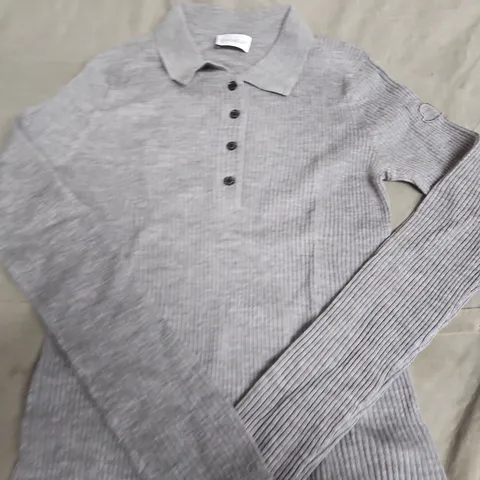 MONCLER GREY RIBBED KNIT POLO TOP - SIZE UNSPECIFIED