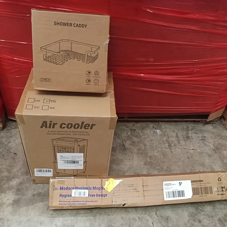 PALLET OF ASSORTED ITEMS INCLUDING - AIR COOLER, SHOWER CADDY, HYGIENIC MOP