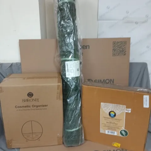 CAGE OF APPROXIMATELY 10 ASSORTED HOUSEHOLD ITEMS TO INCLUDE - A COSMETIC ORGANIZER - STRING LIGHTS AND A LOW COFFEE TABLE - COLLECTION ONLY