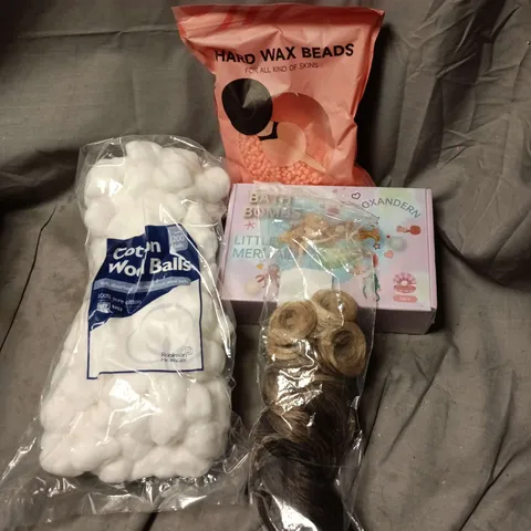 BOX OF APPROXIMATELY 15 ASSORTED COSMETIC ITEMS TO INCLUDE COTTON BALLS, HARD WAX BEADS, WIGS, LITTLE MERMAID BATH BOMBS ETC