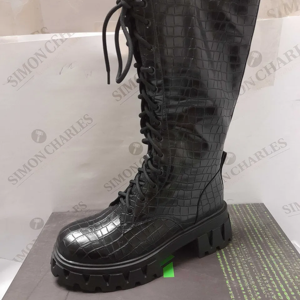 KOI TRINITY BLACK CROC KNEE HIGH BOOTS - SIZE 5