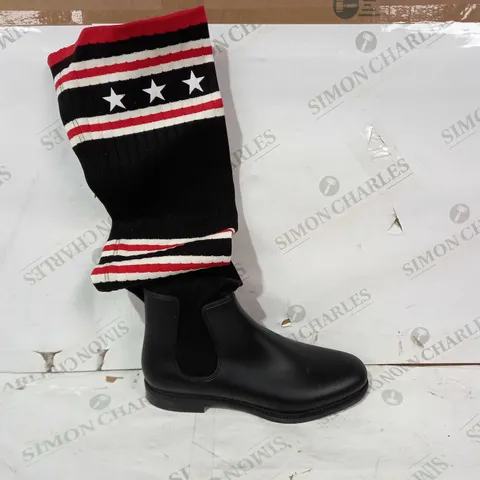 BOXED PAIR OF GIVENCHY THIGH HIGH SOCK BOOTS IN BLACK/RED/WHITE WITH STAR PATTERN SIZE UNSPECIFIED