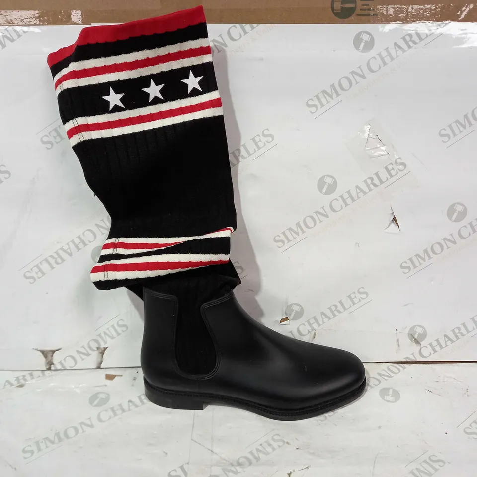 BOXED PAIR OF GIVENCHY THIGH HIGH SOCK BOOTS IN BLACK/RED/WHITE WITH STAR PATTERN SIZE UNSPECIFIED