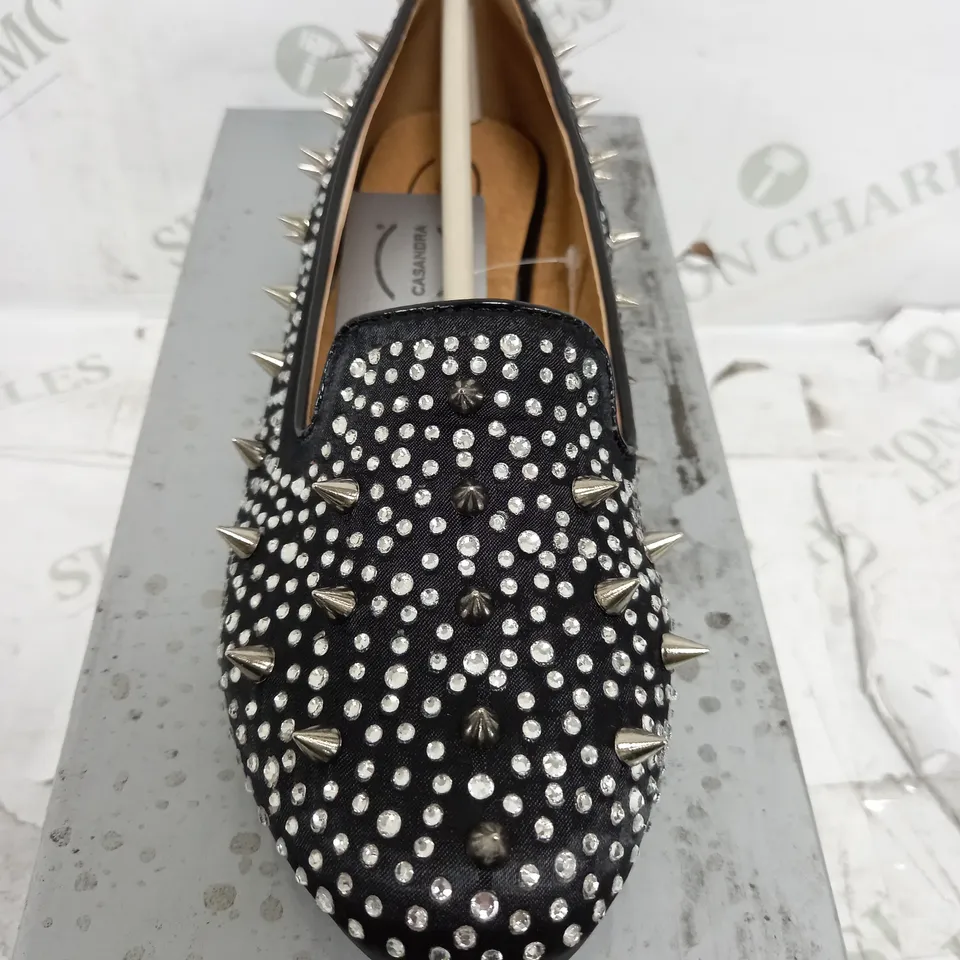 FLAT HEELED BLACK SATIN SPIKEY SHOE SIZE 4