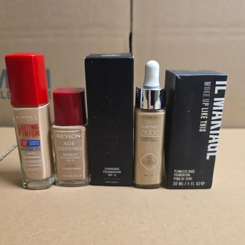 LOT OF 5 ASSOTRED FOUNDATIONS TO INCLUDE IL MAKIAGE, MERODA AND RIMMEL