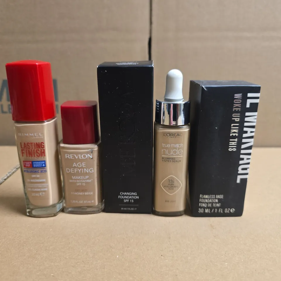 LOT OF 5 ASSOTRED FOUNDATIONS TO INCLUDE IL MAKIAGE, MERODA AND RIMMEL