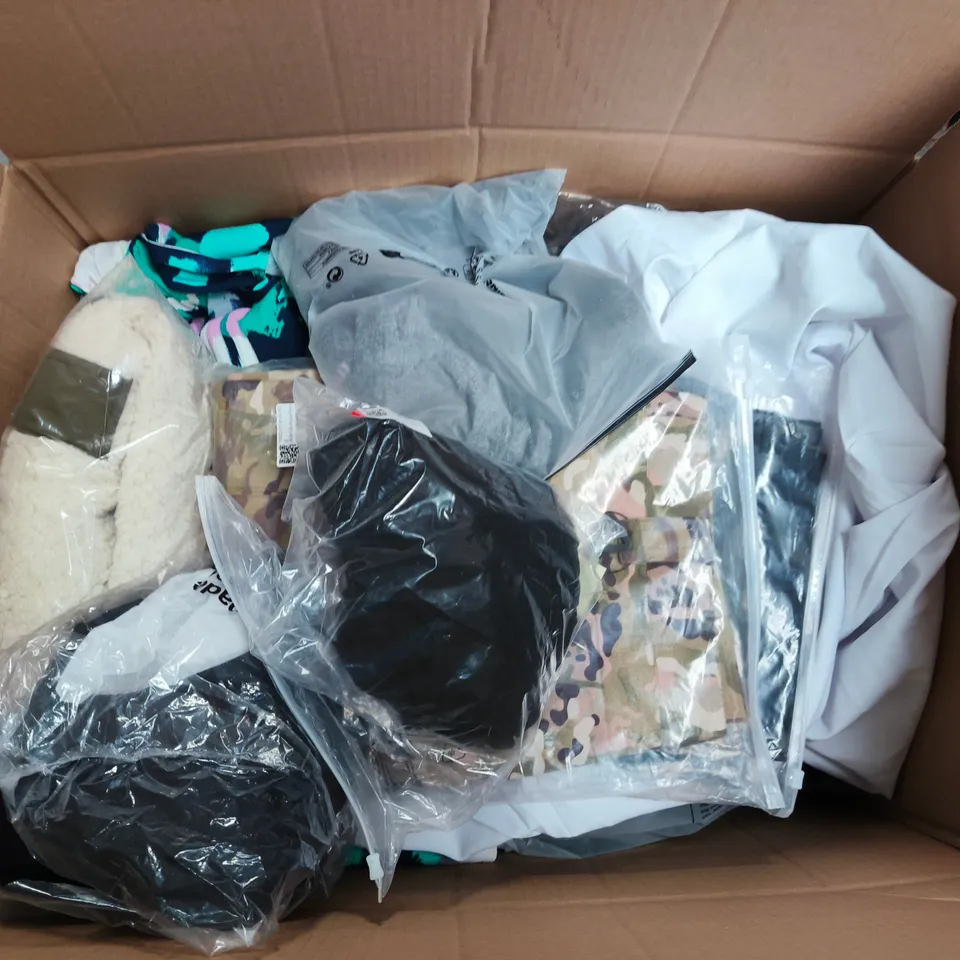 LARGE BOX OF APPROXIMATELY 25 ASSORTED CLOTHING ITEMS IN VARIOUS COLOURS, STYLES AND SIZES - COLLECTION ONLY