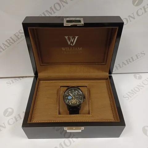 MENS WILLIAM JOURDAIN AUTOMATIC 2580 WATCH – OPEN HEART MOVEMENT WITH SUB DIALS – GLASS EXHIBITION BACK CASE – BLACK GENUINE LEATHER STRAP