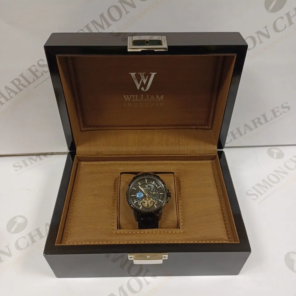 MENS WILLIAM JOURDAIN AUTOMATIC 2580 WATCH – OPEN HEART MOVEMENT WITH SUB DIALS – GLASS EXHIBITION BACK CASE – BLACK GENUINE LEATHER STRAP