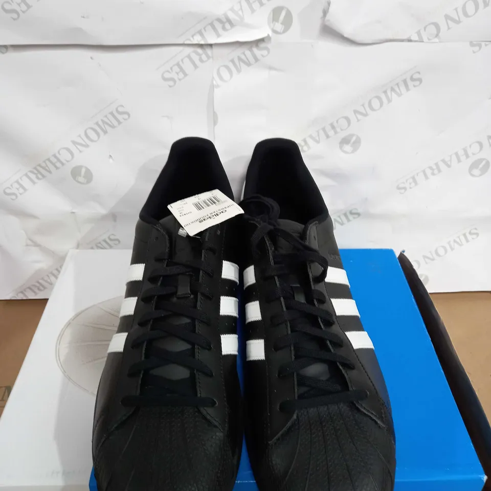 BOXED PAIR OF ADIDAS SUPERSTARS IN BLACK SIZE 19