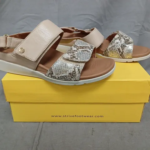 BOXED PAIR OF STRIVE RIVIERA II SANDALS IN ALMOND/SNAKE SIZE UK 7