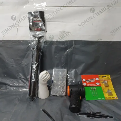 BOX OF APPROXIMATELY 12 ASSORTED ITEMS TO INCLUDE - INFLATING NEEDLES , 2 PIECE PADLOCK , PRECISION HANDPUMP ETC