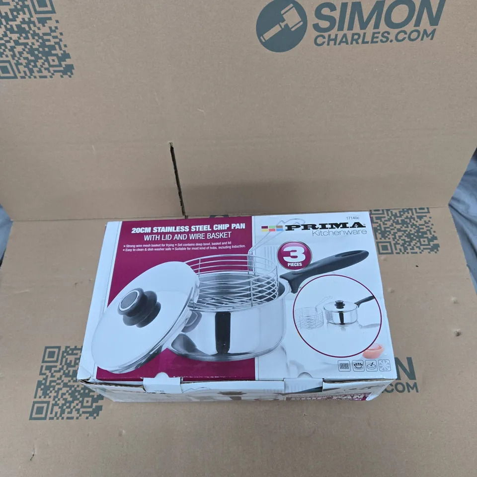 PRIMA KITCHENWARE 20CM STAINLESS STEEL CHIP PAN WITH LID AND WIRE BASKET