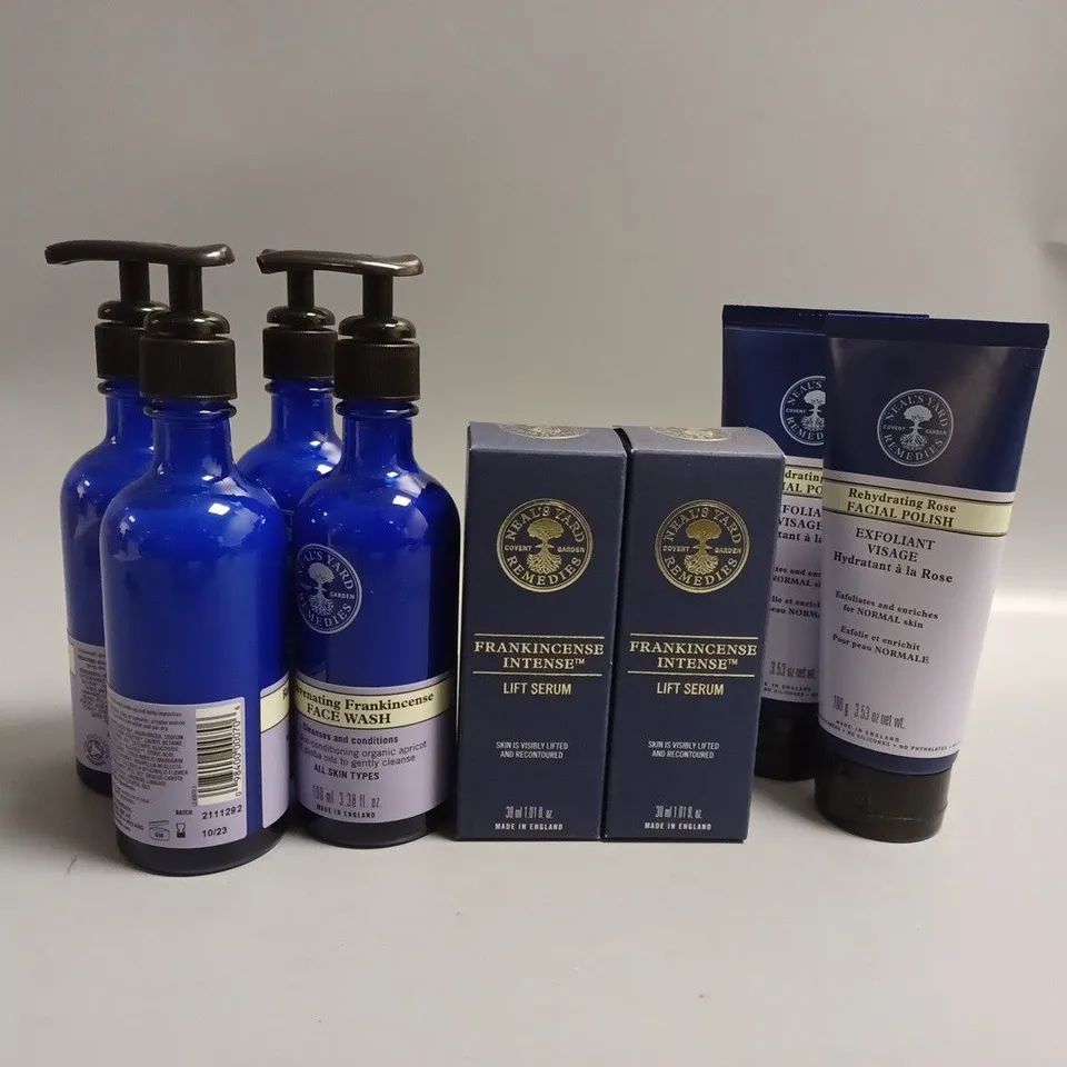 APPROXIMATELY 8 ASSORTED NEAL'S YARD REMEDIES BEAUTY PRODUCTS TO INCLUDE FRANKINCENSE INTENSE LIFT SERUM, REHYDRATING ROSE FACIAL POLISH, REJUVENATING FRANKINCENSE FACE WASH 
