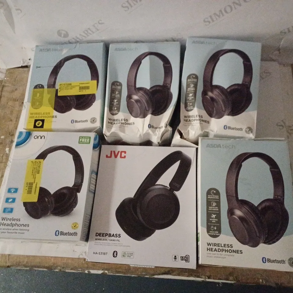 LOT OF 6 ASSORTED WIRELESS HEADPHONES TO INCLUDE JVC AND ASDATECH