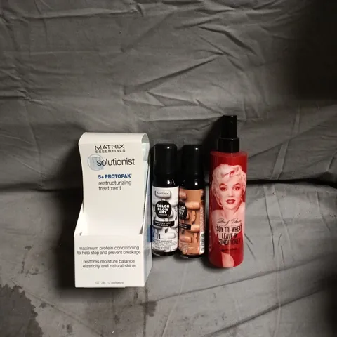 APPROXIMATELY 15 ASSORTED HAIR CARE PRODUCTS INCLUDING MATRIX COLOR BLOW DRY ASH BLONDE/CARAMEL BLONDE AND MARILYN MONROE LEAVE IN CONDITIONER