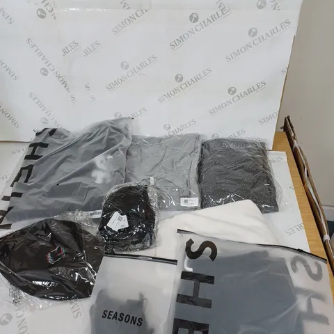 LARGE BOX OF ASSORTED CLOTHING ITEMS IN VARIOUS COLOURS AND SIZES INCLUDING TROUSERS , TOPS AND JUMPERS