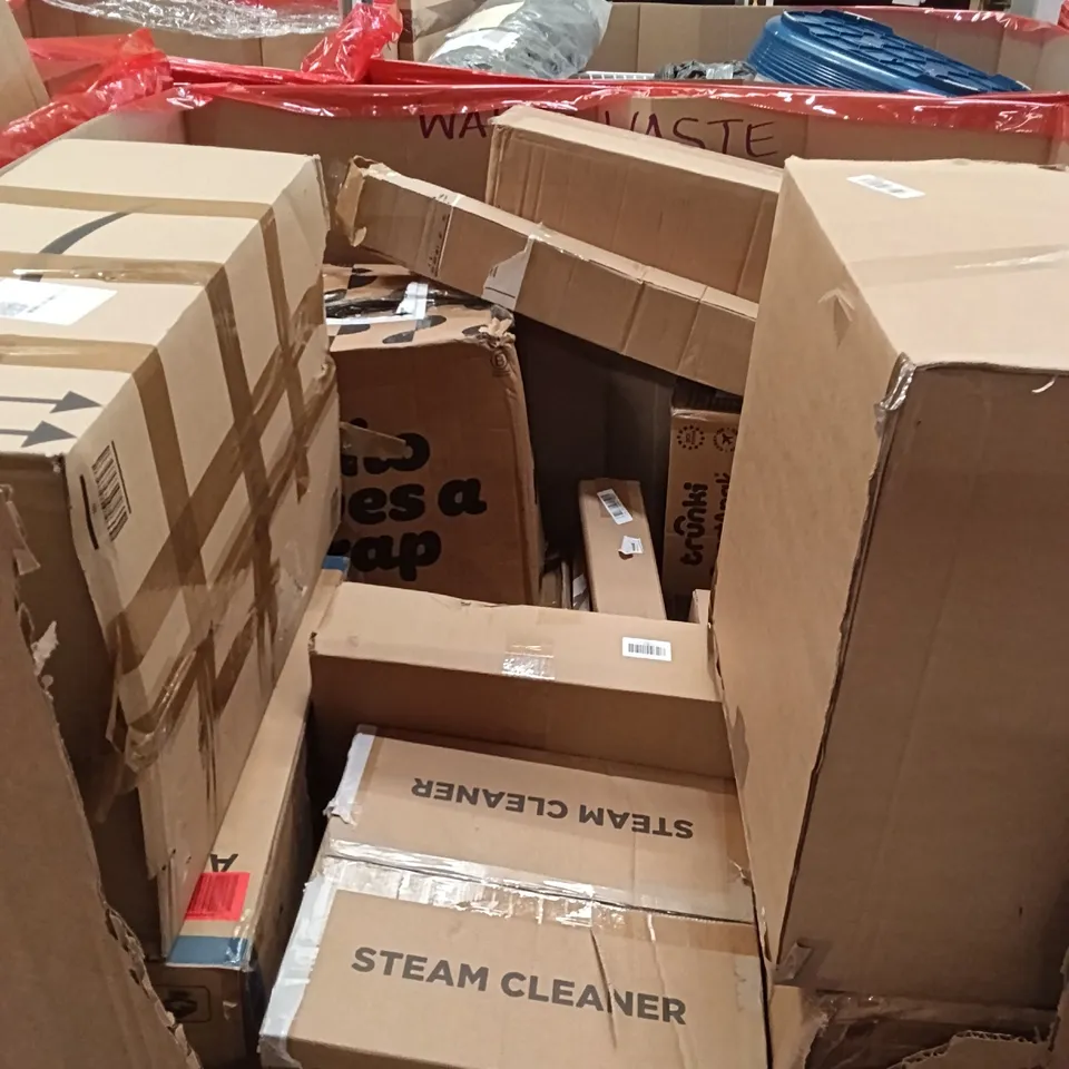 PALLET OF ASSORTED HOUSEHOLD GOODS AND PRODUCTS TO INCLUDE; BOTTLE WASHER KLEAN PAL PRO,BABY PLAY MATT'S, STEAM CLEANER 