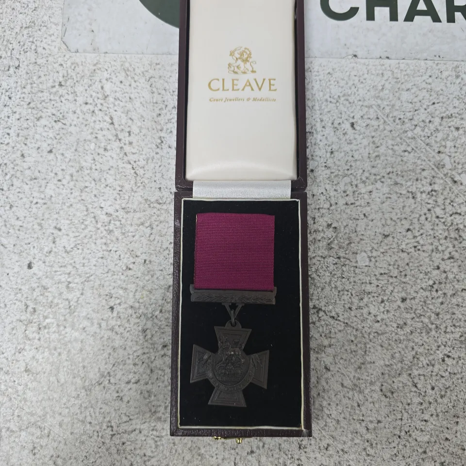 CROSS-SHAPED MEDAL WITH PINK RIBBON – COPY (REPRODUCTION) IN PRESENTATION BOX BY CLEAVE JEWELLERS & MEDALLISTS