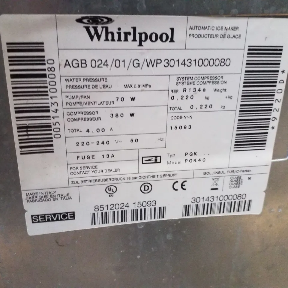 WHIRLPOOL AGB024 AIR-COOLED ICE MAKER  