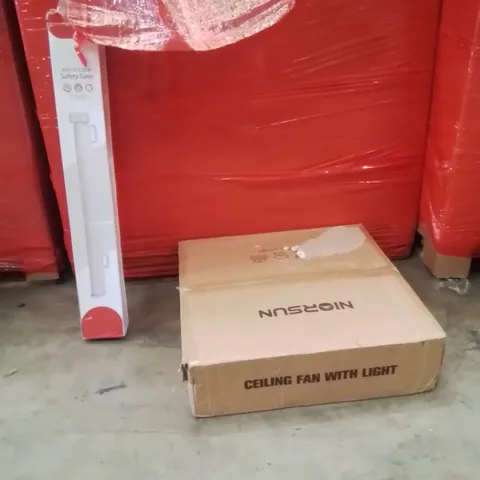 PALLET OF ASSORTED HOUSEHOLD GOODS AND PRODUCTS TO INCLUDE;RETRACTABLE SAFETY GATE,CEILING FAN 