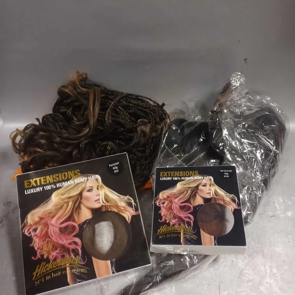 APPROXIMATELY 10 ASSORTED WIGS AND HAIR EXTENSIONS