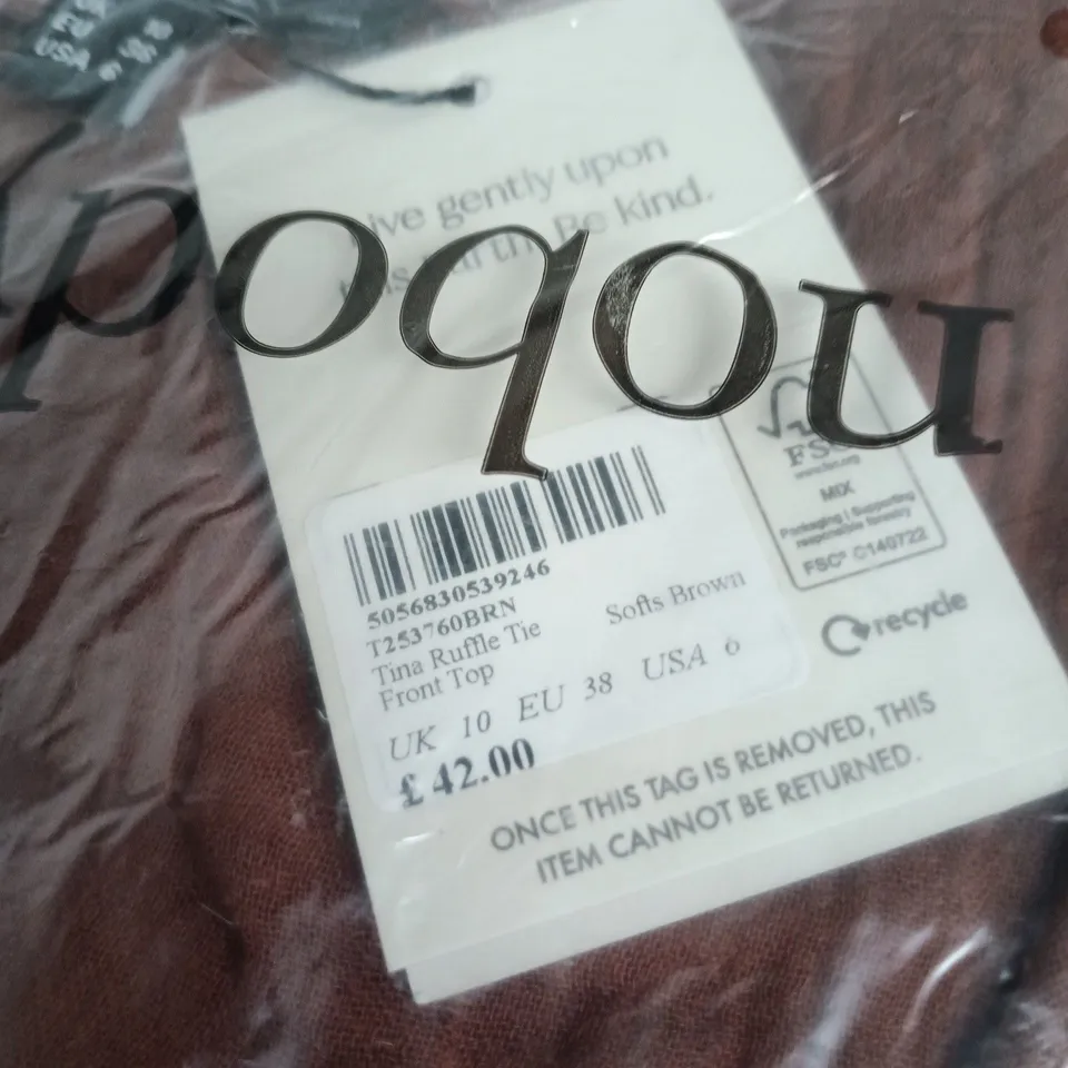NOBODY'S CHILD TINA RUFFLE TOP – UK 10 (EU 38, USA 6) – BROWN