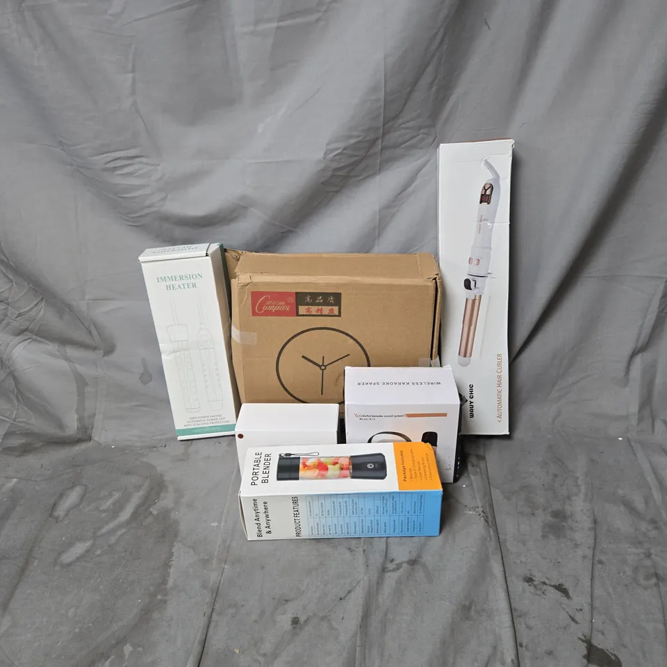BOX OF APPROXIMATELY 15 ASSORTED HOME AND ELECTRICAL ITEMS INCLUDING WAVY CHIC AUTOMATIC HAIR CURLER, WIRELESS KARAOKE SOUND SYSTEM, PORTABLE BLENDER, IMMERSION HEATER AND WALL CLOCK