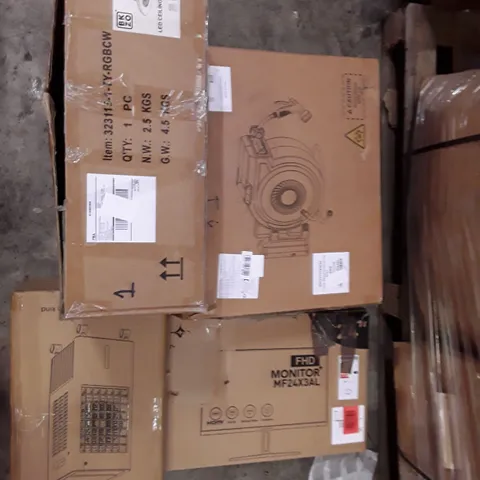 PALLET OF ASSORTED PRODUCTS INCLUDING AIR COOLER, CEILING FAN LIGHT, MONITOR, OUTSIDE HOSE ECT