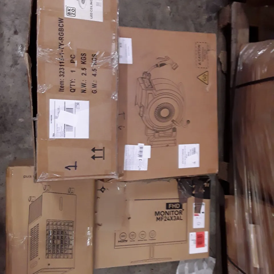 PALLET OF ASSORTED PRODUCTS INCLUDING AIR COOLER, CEILING FAN LIGHT, MONITOR, OUTSIDE HOSE ECT