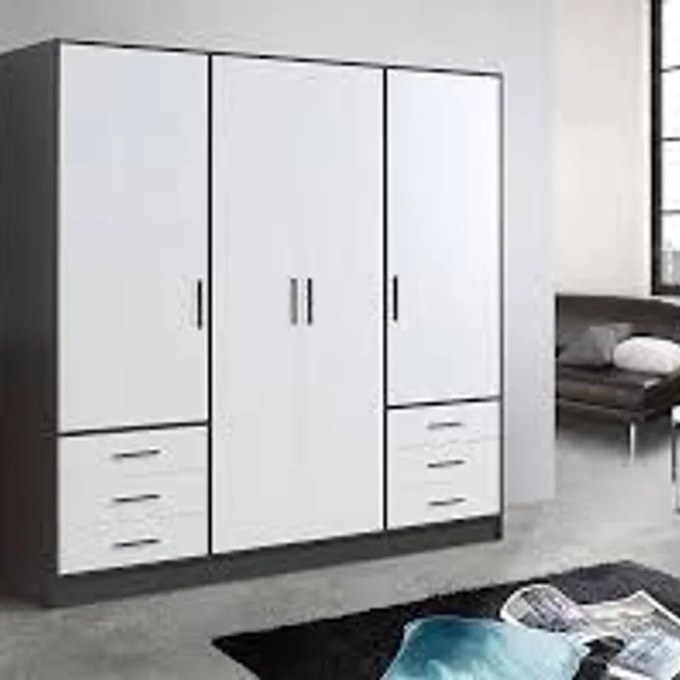 BOXED FORTE 4 DOOR, 6 DRAWER WARDROBE - WHITE/BLACK (6 BOXES)
