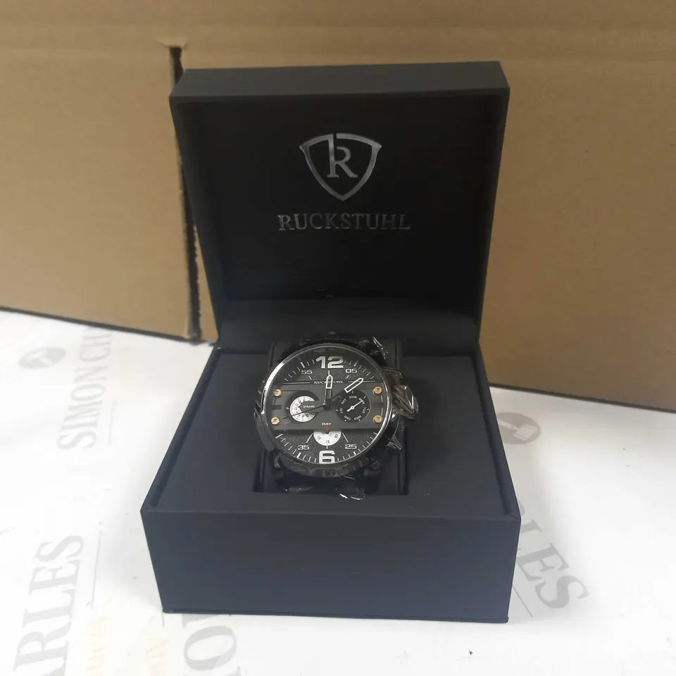 RUCKSTUHL TRIPLE DIAL BLACK LEATHER STRAP WRISTWATCH RRP £560