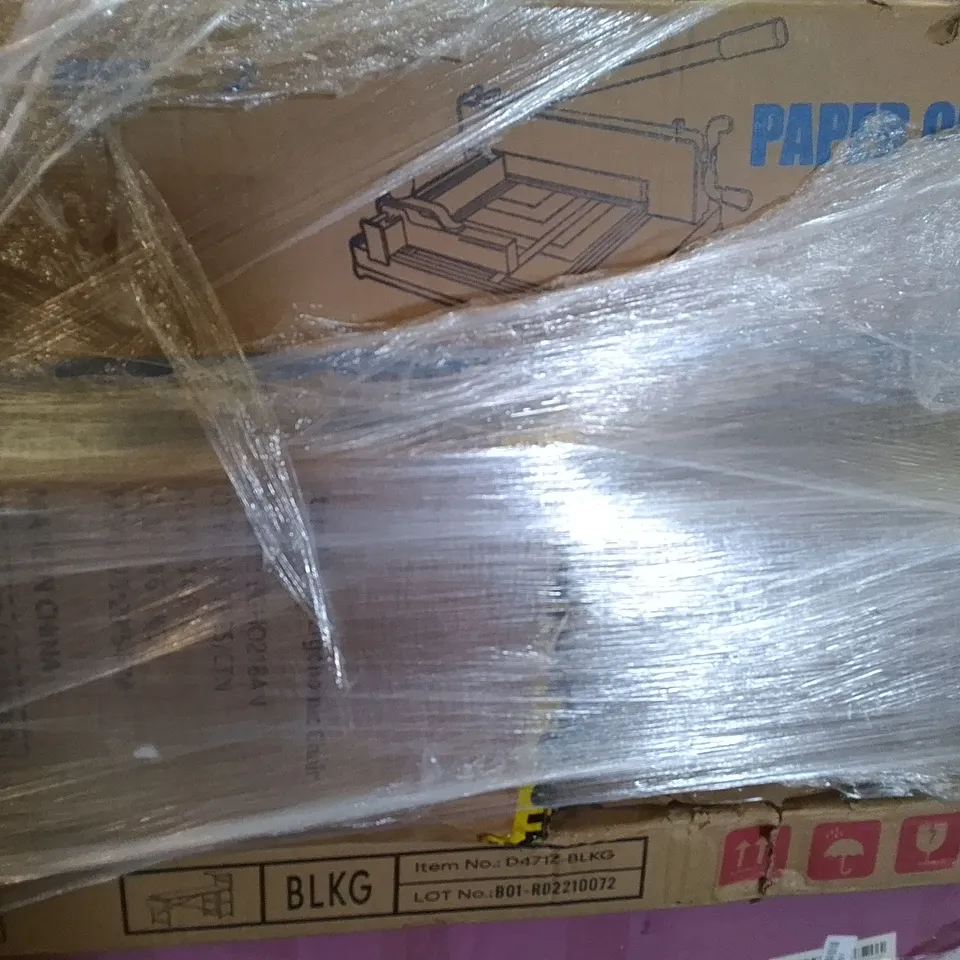 PALLET OF ASSORTED ITEMS INCLUDING OFFICE CHAIR, PAPER CUTTER, WORK DESK, ERGONOMIC CHAIR 