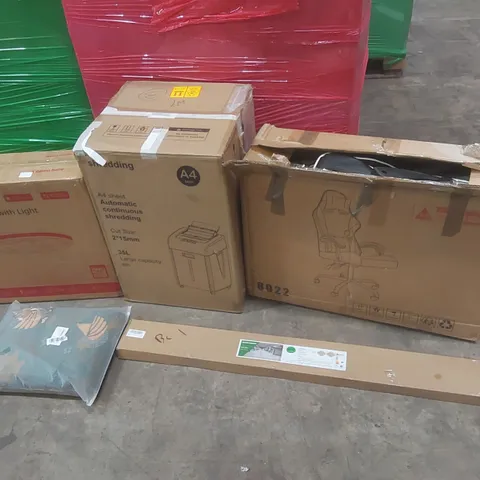 PALLET OF ASSORTED CONSUMER PRODUCTS TO INCLUDE: GAMING CHAIR, PAPER SHREDDER, CEILING FAN WITH LIGHT, LED LIGHT, BLANKET ECT