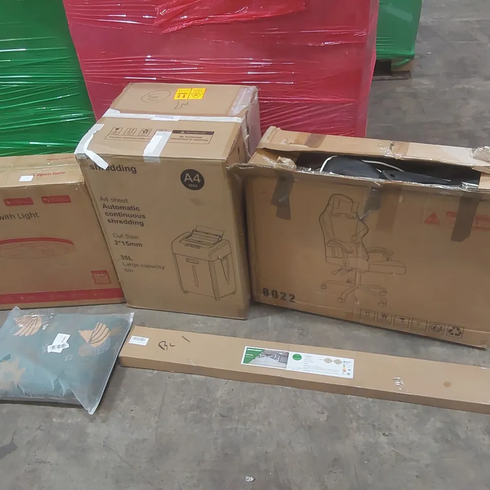PALLET OF ASSORTED CONSUMER PRODUCTS TO INCLUDE: GAMING CHAIR, PAPER SHREDDER, CEILING FAN WITH LIGHT, LED LIGHT, BLANKET ECT