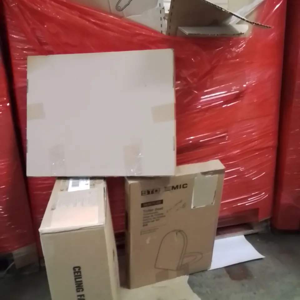 PALLET OF ASSORTED HOUSEHOLD GOODS AND PRODUCTS TO INCLUDE;TOILET SEAT,CEILING FAN WITH LIGHT,PICTURE FRAME