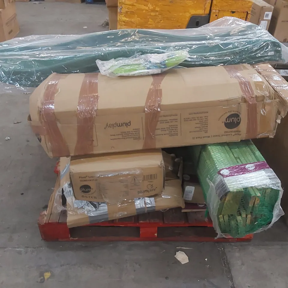 PALLET OF ASSORTED PLUM OUTDOOR PLAYSET PARTS AND PIECES