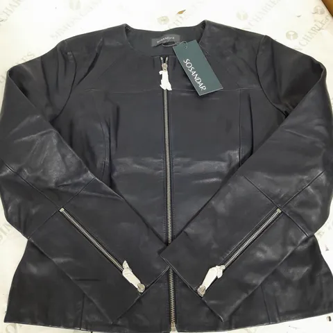 SOSANDAR ZIP FRONT ROUND NECK LEATHER JACKET - SIZE 12