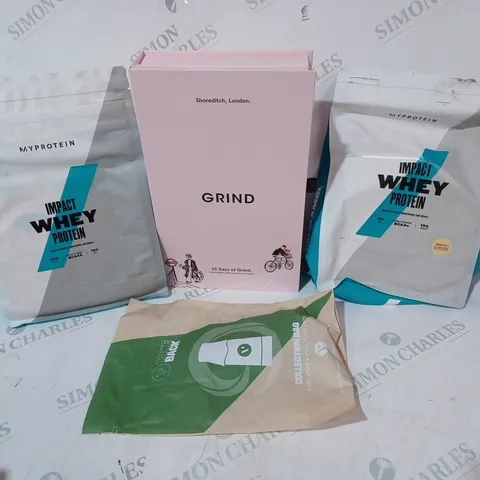 4 ITEMS TO INCLUDE: IMPACT WHEY PROTIEN, COLLECTION BAG, GRIND SET