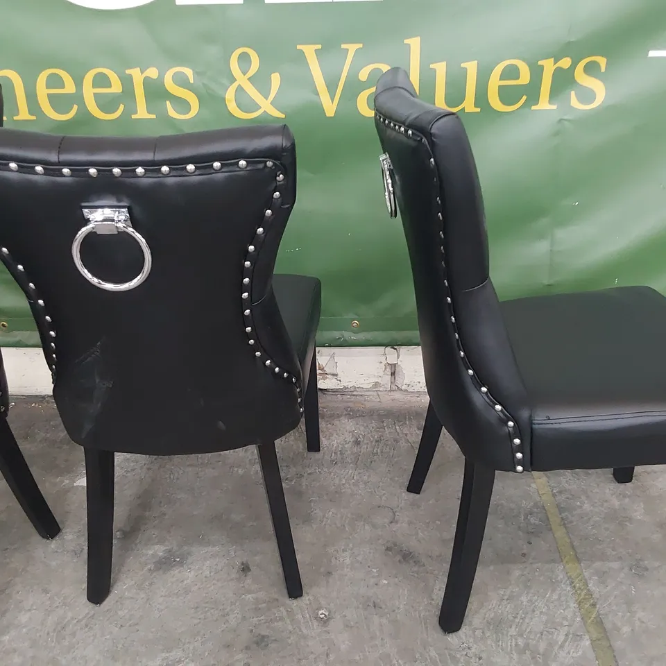 SET OF THREE UPHOLSTERED BUTTONED RING BACK DINING CHAIRS BLACK PU ON BLACK LEGS 