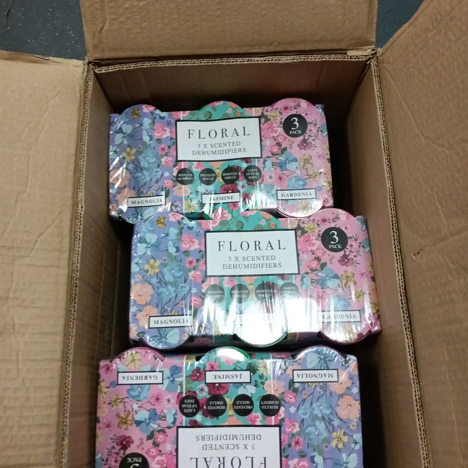 BOX OF APPROXIMATELY 10 X 3 PACK FLORAL SCENTED DEHUMIDIFIERS 