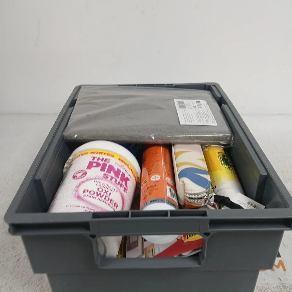 TOTE OF APPROXIMATELY 20 ASSORTED ITEMS TO INCLUDE TASSIMO DECALING TABLETS, PINK STUFF OXI POWDER, STAPLES, GORILLA ALL CONDITIONS SEALANT, CAROLINE GARDNER PENCIL CASE ETC